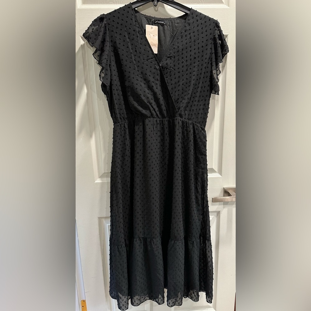 Black Swiss Dot Ruffle Sleeve Midi Dress